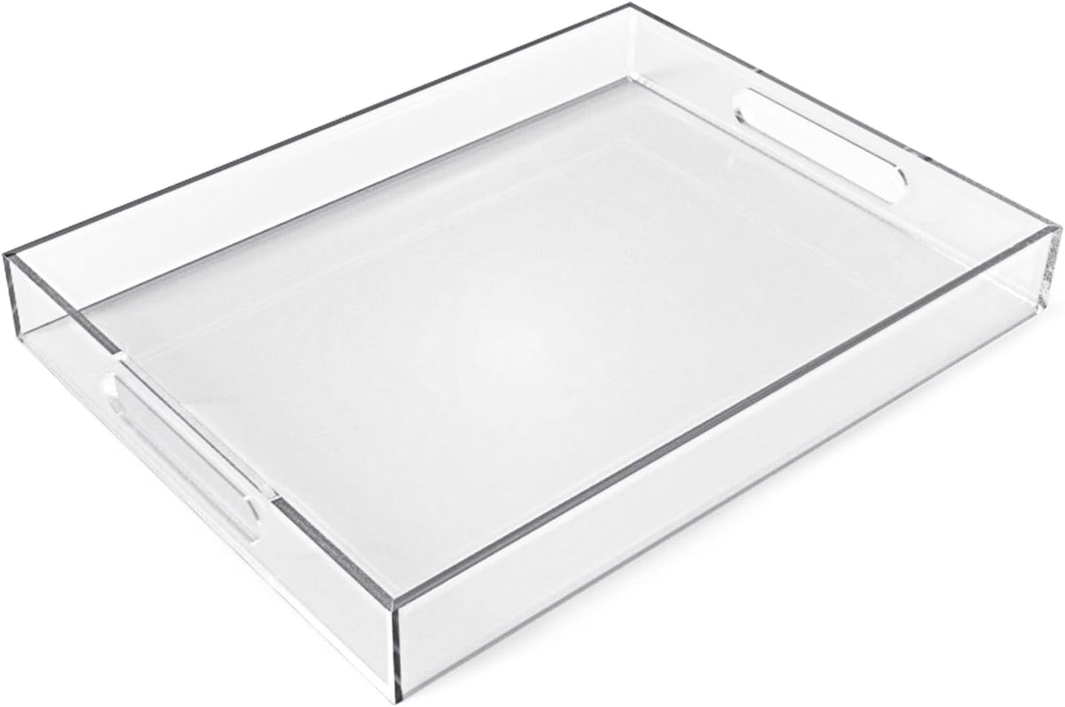 12"x16" Acrylic Serving Tray with Handles, Spill Proof Clear Decorative Tray, Lucite Tray for Coffee Table, Vanity, Makeup Organizer
