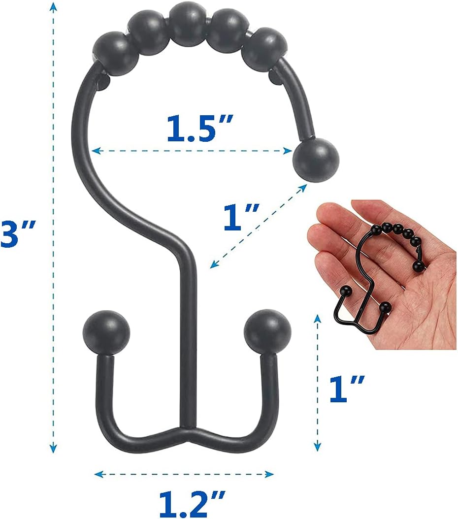 Shower Curtain Hooks Rings, Stainless Steel Double Glide Rollers Extra Wide Shower Curtain Rods Hooks for Bathroom, Set of 18 Hooks - Matte Black