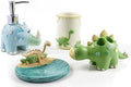 Wendin Cartoon Series Bath Accessory Set, Soap Dispenser Pump, Toothbrush Holder, Tumbler, Soap Dish Resin Art Color Decoration (Dinosaur 4 pcs)