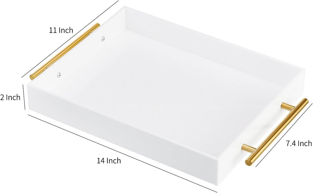 Glossy White Acrylic Lucite Serving Tray with Metal Handles,No Need to Assemble,11x14 Inch,Decorative Storage Organizer with Spill-Proof Design,Serving for Coffee,Breakfast,Dinner and More