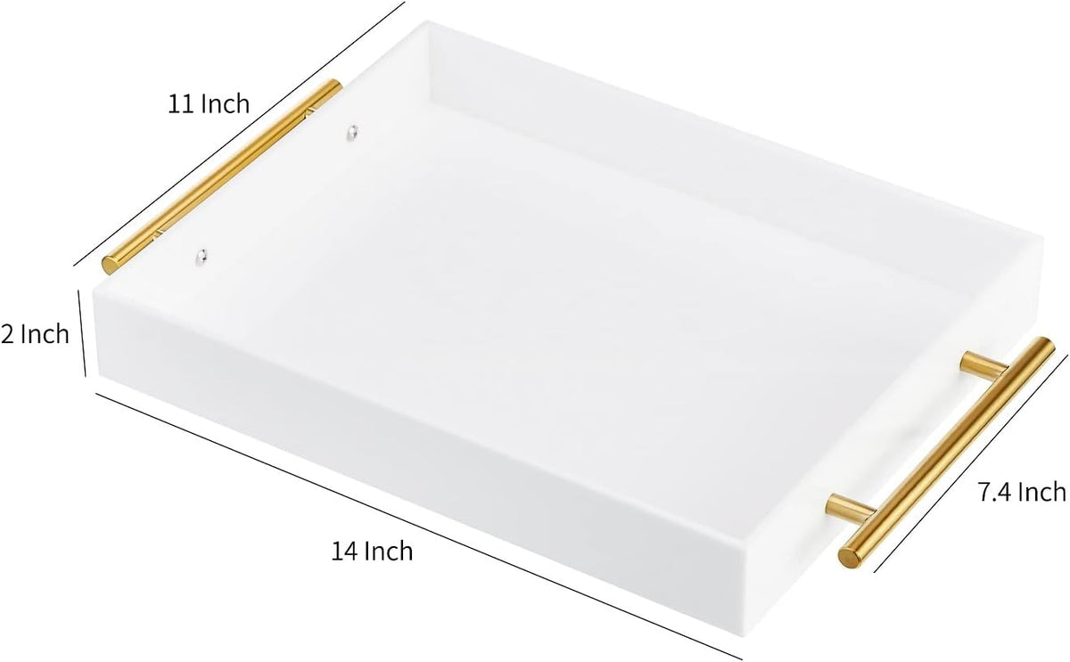 Glossy White Acrylic Lucite Serving Tray with Metal Handles,No Need to Assemble,11x14 Inch,Decorative Storage Organizer with Spill-Proof Design,Serving for Coffee,Breakfast,Dinner and More