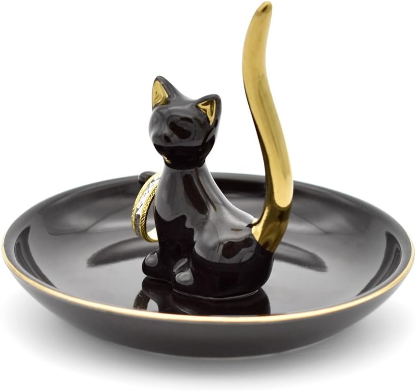 Happy Cat Posture Ring Holder Jewelry Storage Dish Trinket Tray Decorative Black/Golden Tail.