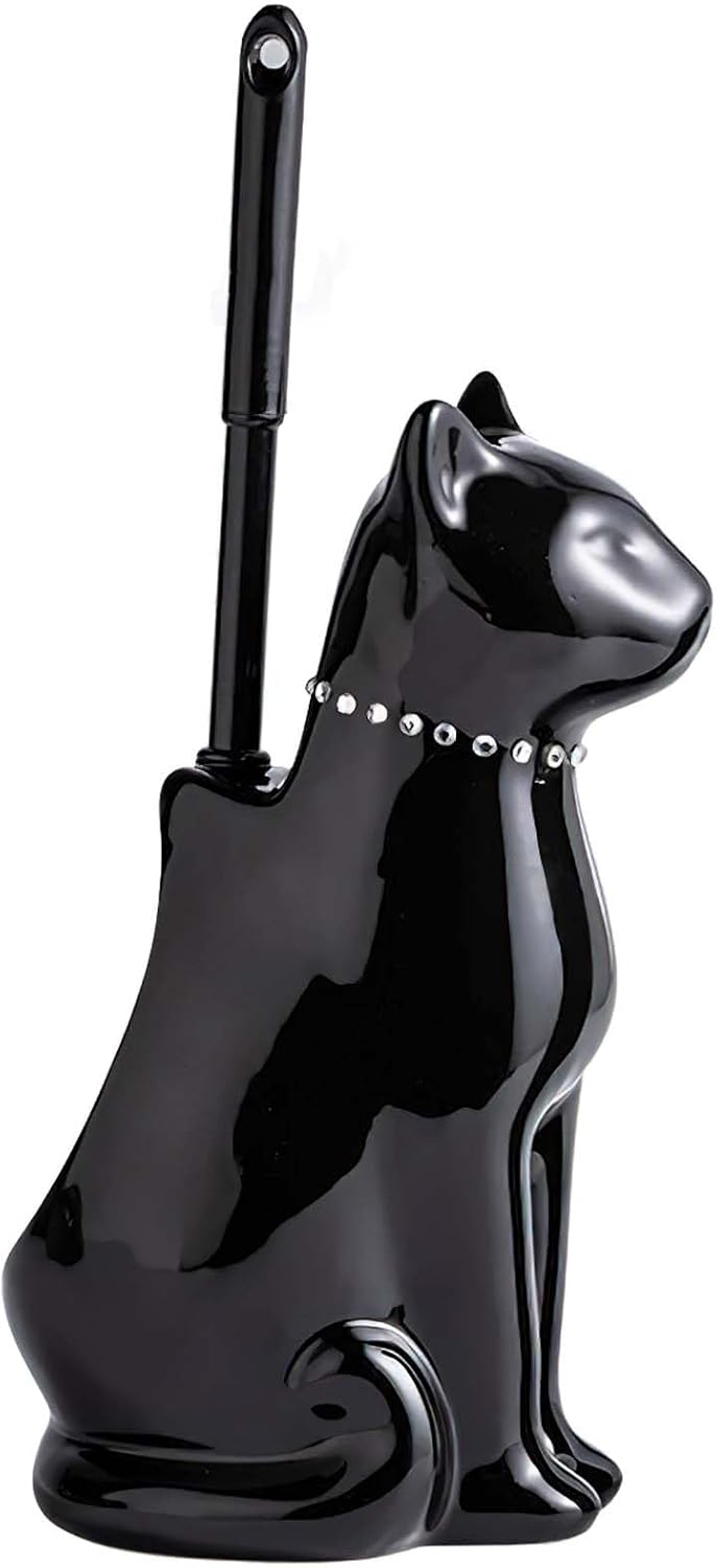 Cat Toilet Brush Holder - Ceramic Whimsical Feline Design with Wide-Mouth Storage, Black Toilet Bowl Brush and Holder Set Cute for Bathroom Ground, Easy-Clean Cat Lover Gift (Black)