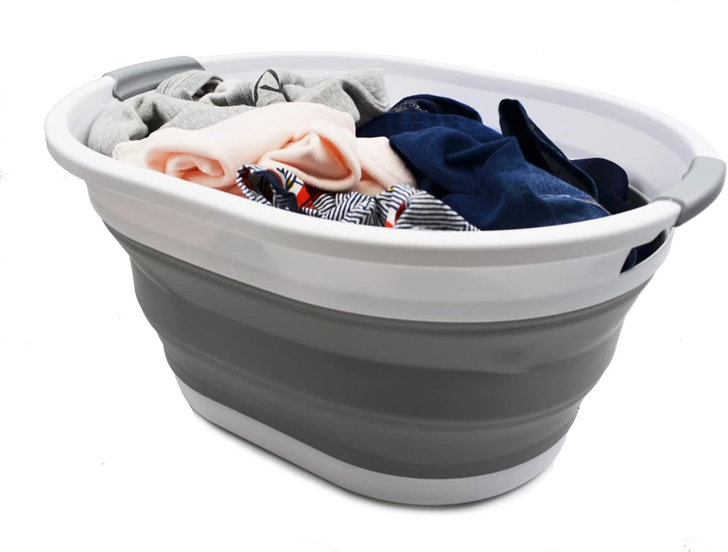 SAMMART 32L (8.4 Gallon) Collapsible Plastic Laundry Basket - Foldable Pop Up Storage Container/Organizer - Portable Washing Tub - Space Saving Hamper/Basket, Water Capacity: 24L (2, White/Grey)