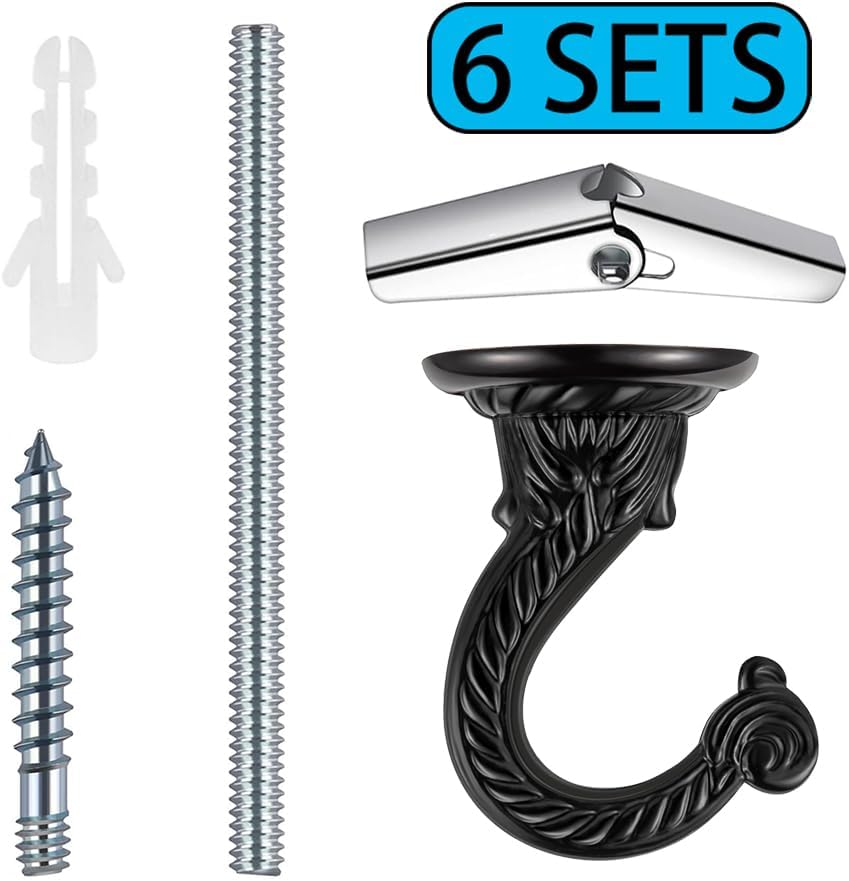 Heavy Duty Ceiling Hooks, Hanging Plants, Porch (6, Black)