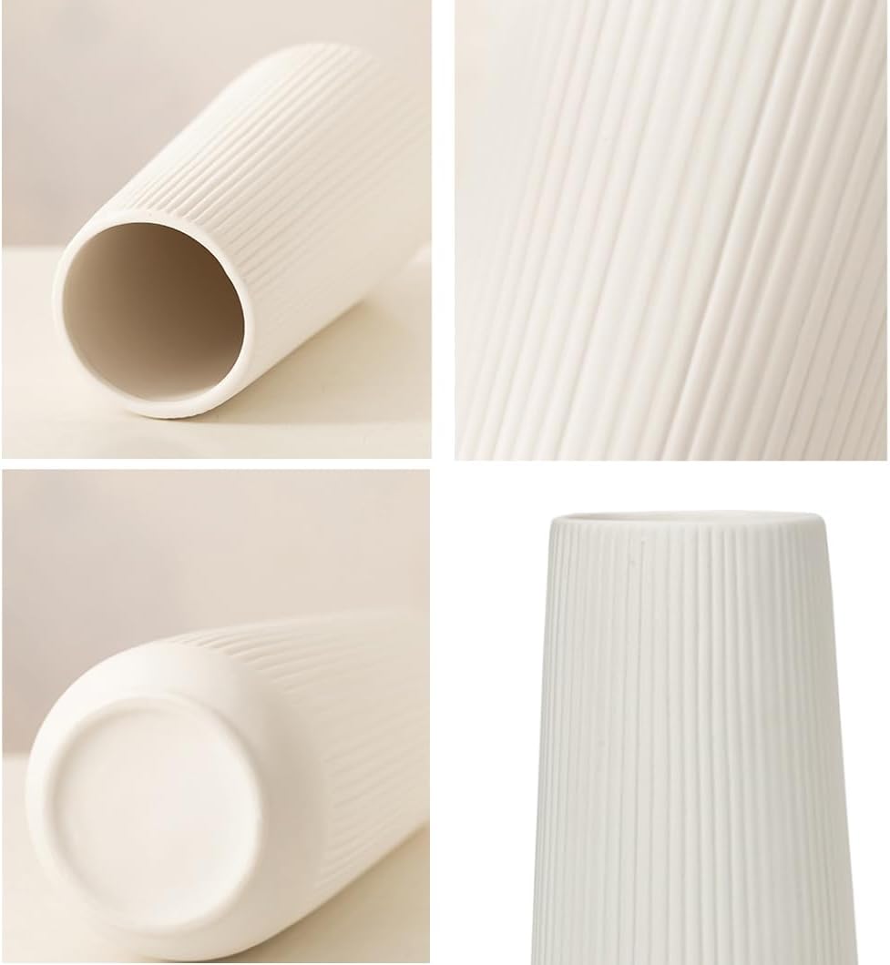 Ceramic Vase for Flower, Pampas Grass Vase, 7.8''H Ribbed Decor Vase, White