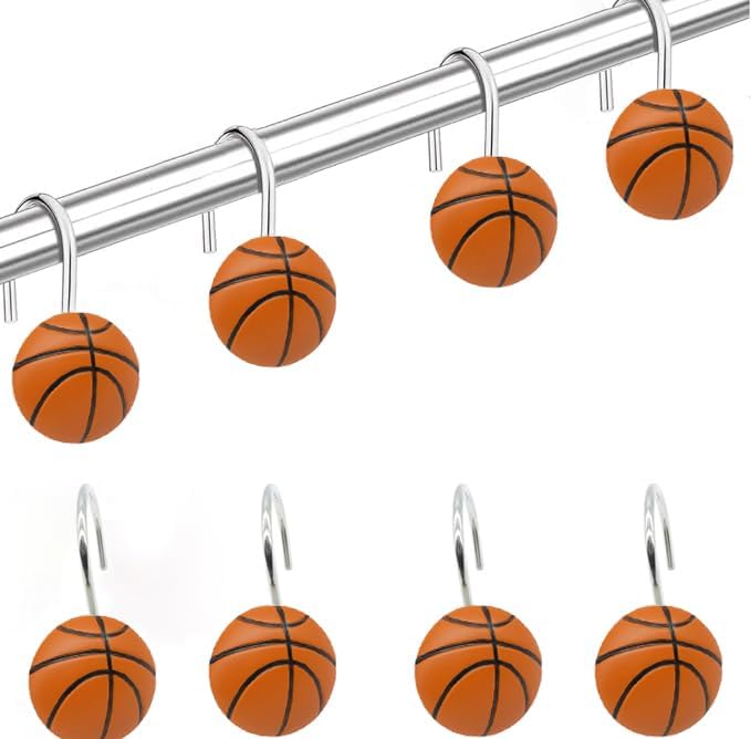 Basketball Shower Hooks 12 Pack, Court Style Bathroom Decor - Durable Stainless Steel Hooks, Gift for Sports Fans