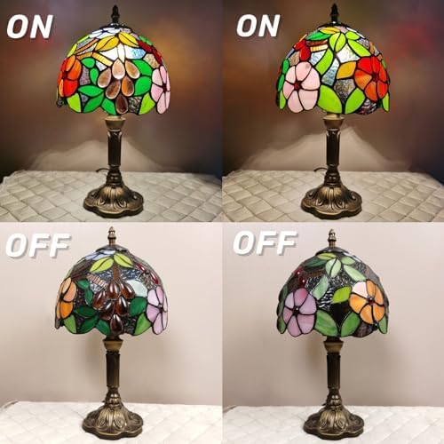 Tiffany Small Table Lamp 3-Way Color Temperatures Grape Rose Flower Stained Glass Lamps for Living Room Bedroom Bedside Nightstand Home Office Desk Night Light+LED Bulb 8X8X15Inch