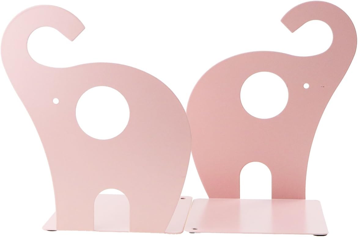 Cartoon Elephant Pattern Book Organizer Cute Metal Bookends for Kids School Library Desk Study Home Office Decoration Gift (Pink)