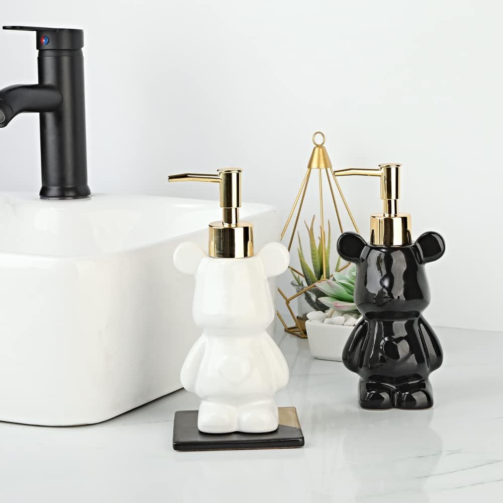 Small Bathroom Soap Dispenser with Pump, Cute Bear Design(White)