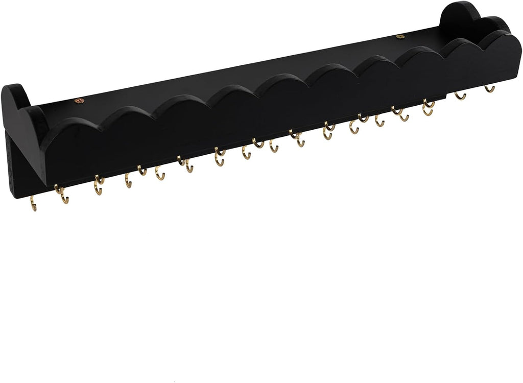 Wall Mount Jewelry Organizer with 28 Hooks and Cosmetics Shelf, Modern Wood Hanging Jewelry Holder for Necklaces, Bracelets, Earrings and Rings, Black