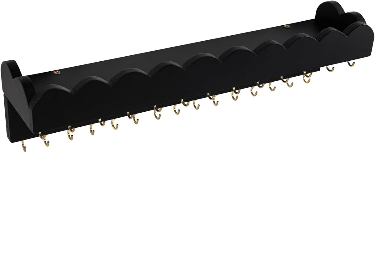 Wall Mount Jewelry Organizer with 28 Hooks and Cosmetics Shelf, Modern Wood Hanging Jewelry Holder for Necklaces, Bracelets, Earrings and Rings, Black