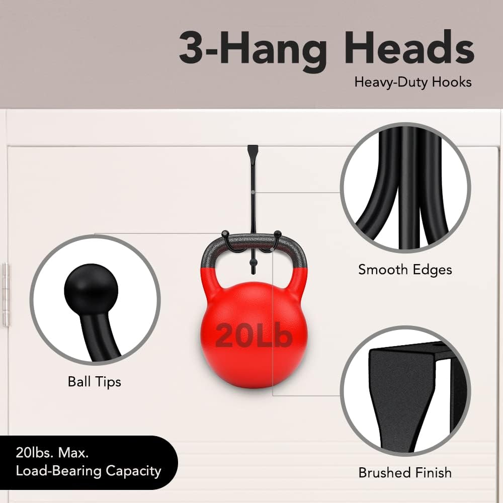 2-Pack Over The Door Hook - with 3 Hang Heads & Snug Fit Pads- 2Pcs Heavy Duty Hooks for Hanging Coats, Towels, Caps & Robes - Elegant Matt Finish - No Drill Hanger Organizer - Black