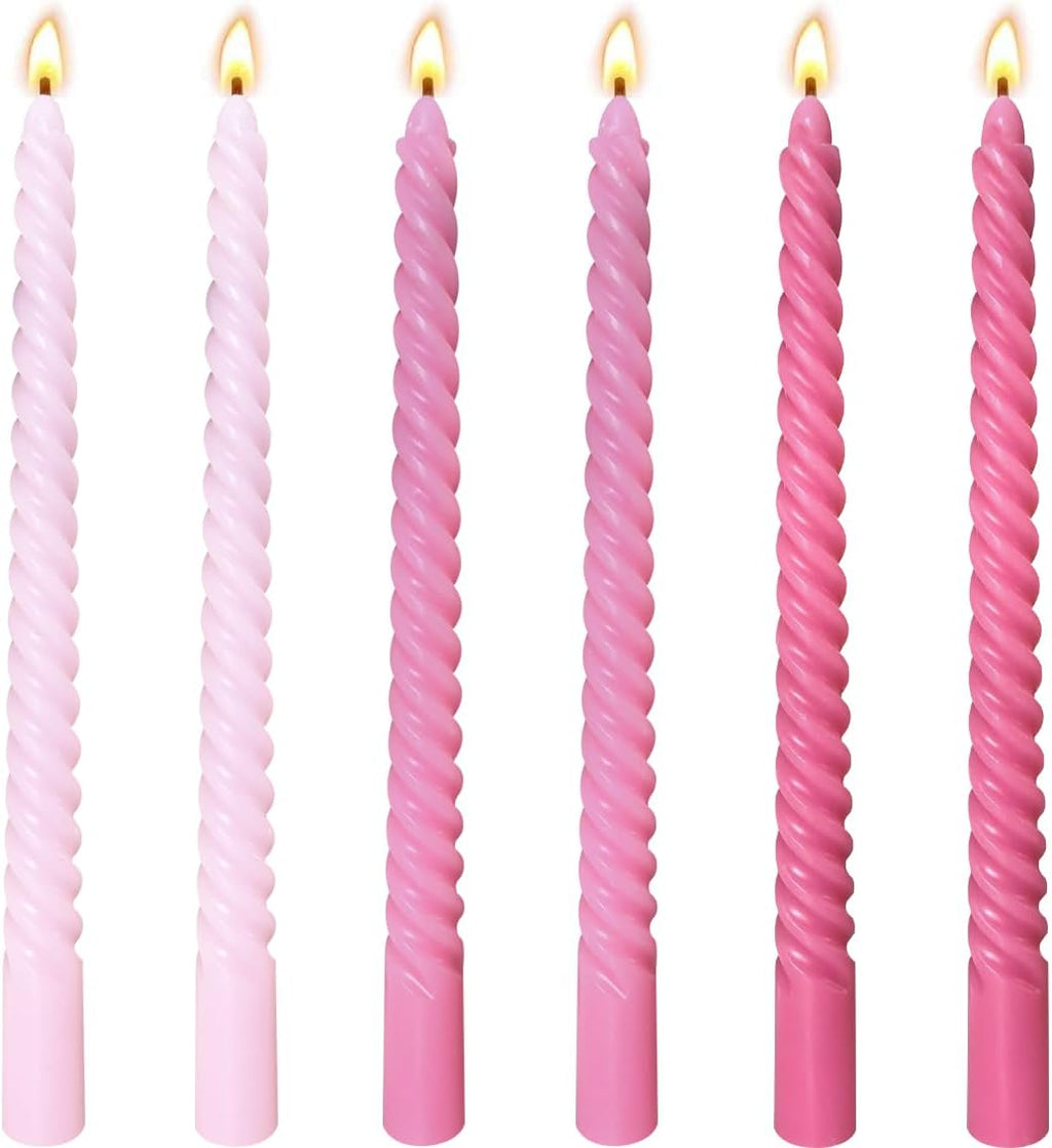 10 Inch Gradient Hot-Pink Spiral Taper Candle Set, 6 Pack Unscented Dripless Candlesticks for Wedding, Holiday Décor, and Festive Dinners