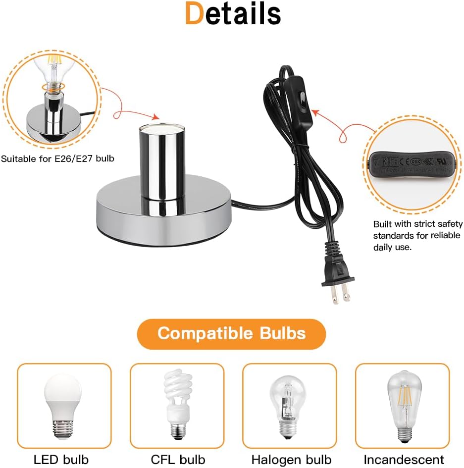 Helunsi Industrial Table Lamp Base, E26 E27 Silver Lamp Base Without Shade