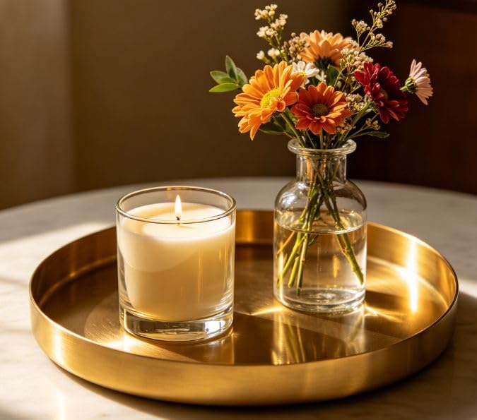 Jucoan 2 Pack 8 Inch Round Gold Tray, Decorative Small Round Vanity Tray, Circle Brass Gold Tray, Bathroom Storage Organizer Tray for Perfume Jewelry Food Coffee Tea Candle