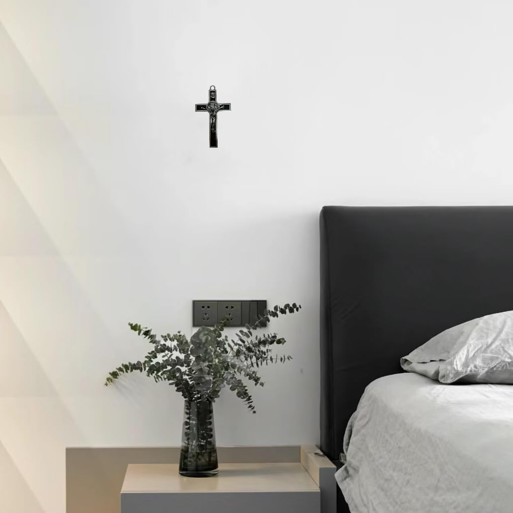 BONITTER Antique Silver Crucifix Wall Cross-St. Benedict Metal Wall Art-5.0 InchX2.7 Inch Black White Brown Enamel Give Blessing and The Spiritual Sacred:Faith Gift for your Acquaintances (Black)