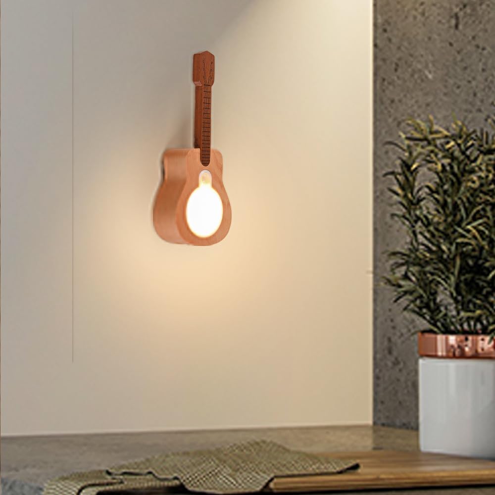 Solid Wood Guitar Night Light Motion Sensor Rechargeable Magnetic LED Lamp