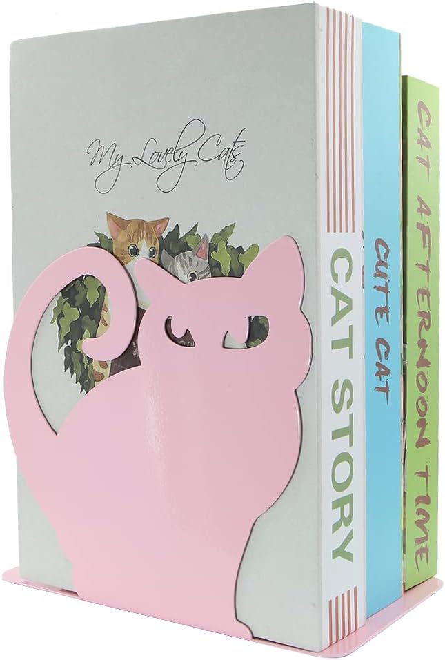 Cute Vivid Lovely Persian Cat Nonskid Thickening Iron Metal Bookends Book Organizer for Library School Office Home Study Desk Organizer (Pink)