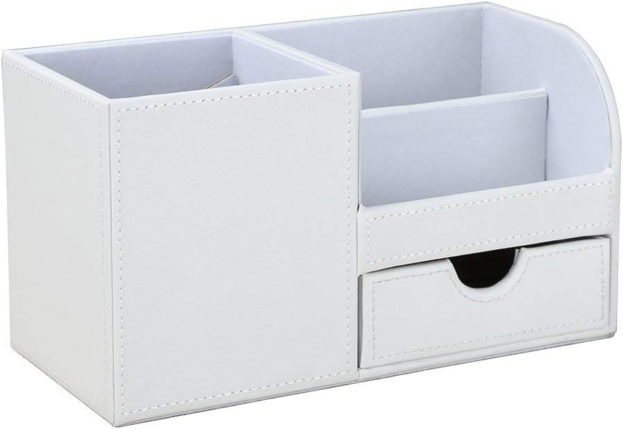 KINGFOM Desk Organizer Office Supplies Caddy Pu Leather Multi-function Storage Box Pen/Pencil,Cell phone, Business Name Cards Remote Control Holder with Small Drawer White