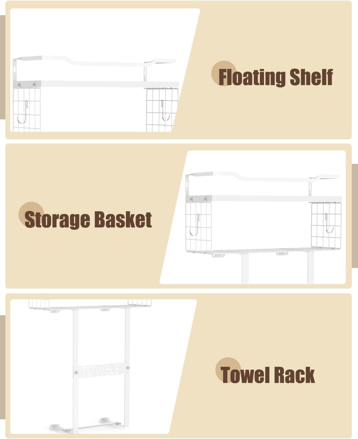 Towel Racks for Bathroom Wall Mounted - Bath Wall Towel Holder Set Above Toilet Storage, Rolled Towel Shelf Organizer for Small Bathroom All White, Wood Vertical Towel Rack for Bathroom Wall Decor