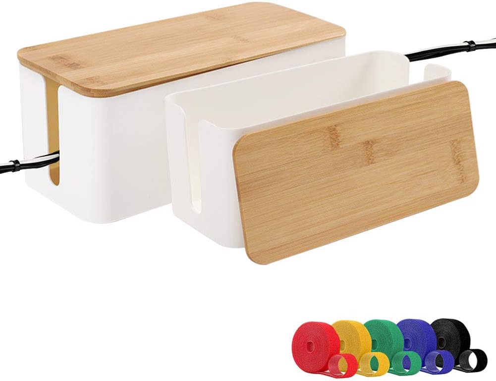 Cable Management Organizer Box, 2 Pack Large Storage Bamboo Lid Wires Concealer Holder for Office Desk, Home, Kitchen, TV, Computer, Cover Hide Tidy Surge Protector Power Strips & Cords (White)
