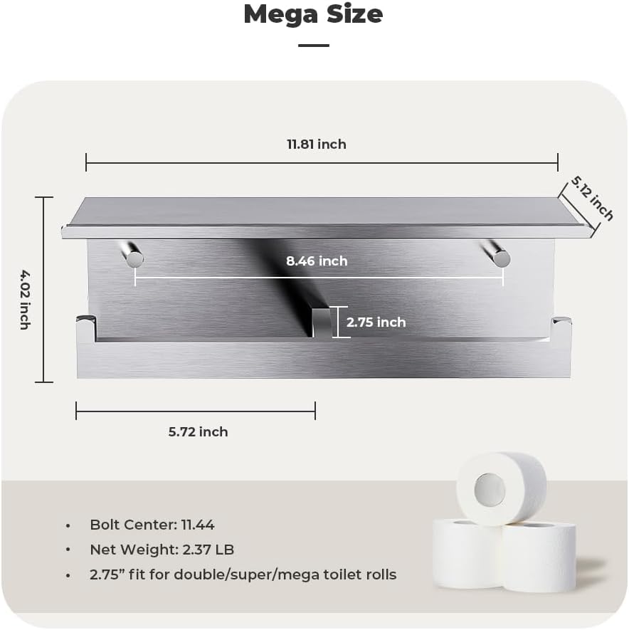Double Toilet Paper Holder with Shelf, FreshGlow Large Tissue Holder Brushed Nickel, Wall Mount Commercial Toilet Paper Dispenser Phone Shelf Stainless Steel, Tissue Roll for Bathroom (Pack of 2)