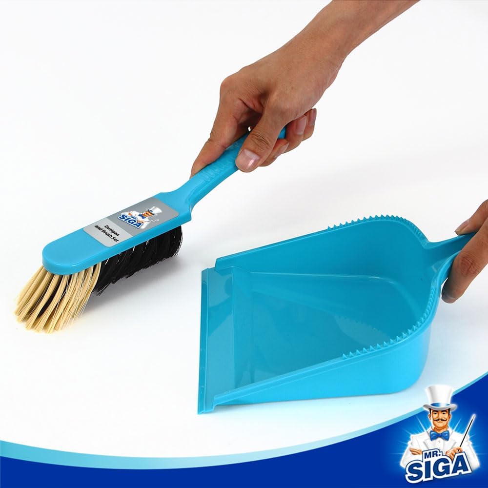 MR.SIGA Dustpan and Brush Set, Pack of 4 Set, Blue & Grey