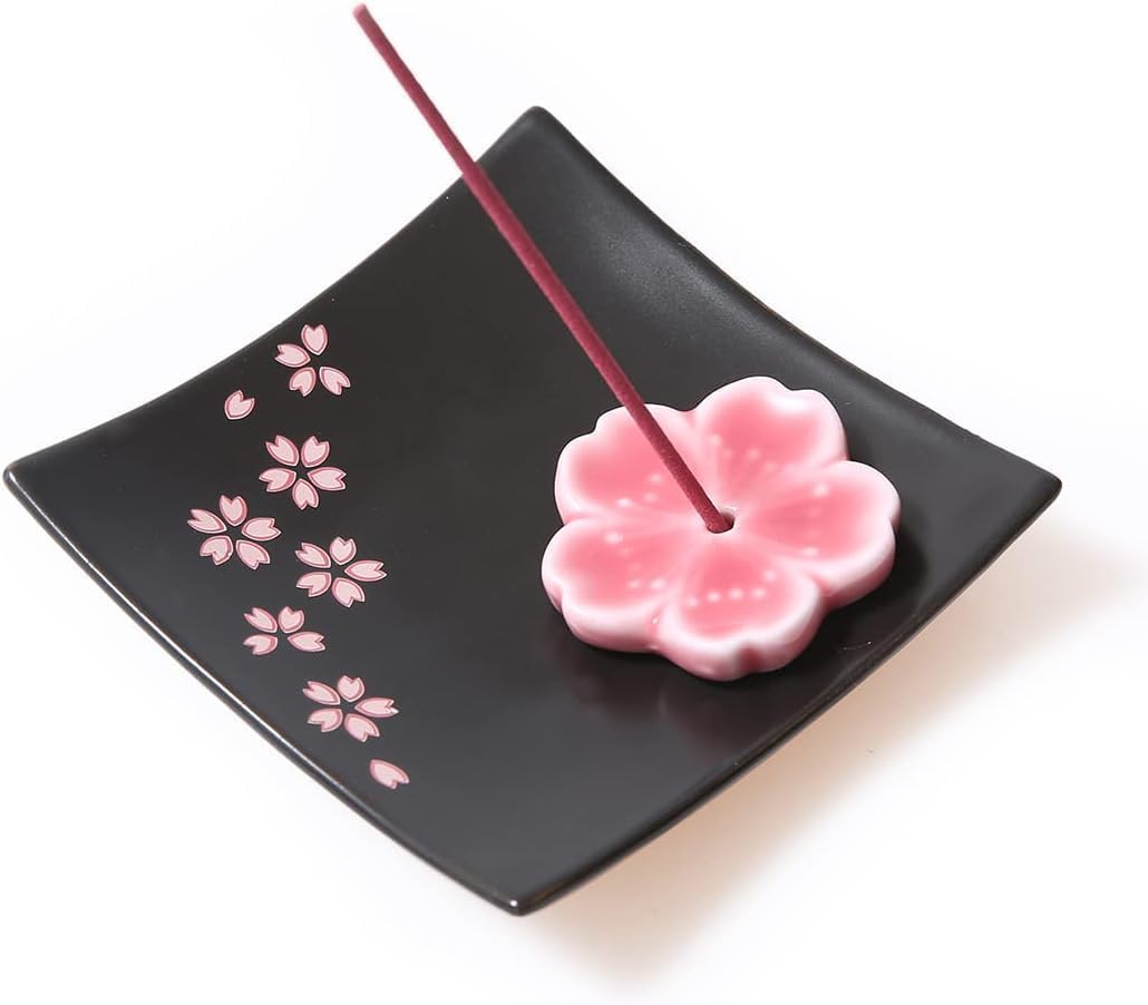 Japanese Cherry Blossom Ceramic Handmade Cute Incense Stick Holder or Incense Burner Holder, Unique Ash Catcher Inscent Tray and Decorative Gift, Home Decor 3.96 inches, Square Black