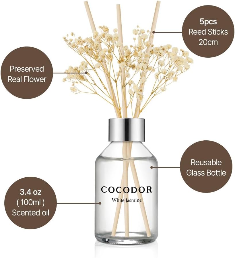 COCODOR Flower Reed Diffuser Set / 3.4oz / Lemon Eucalyptus/Scent Diffuser with Sticks Home Fragrance Reed Diffuser for Bathroom Shelf Decor (Pack of 2)