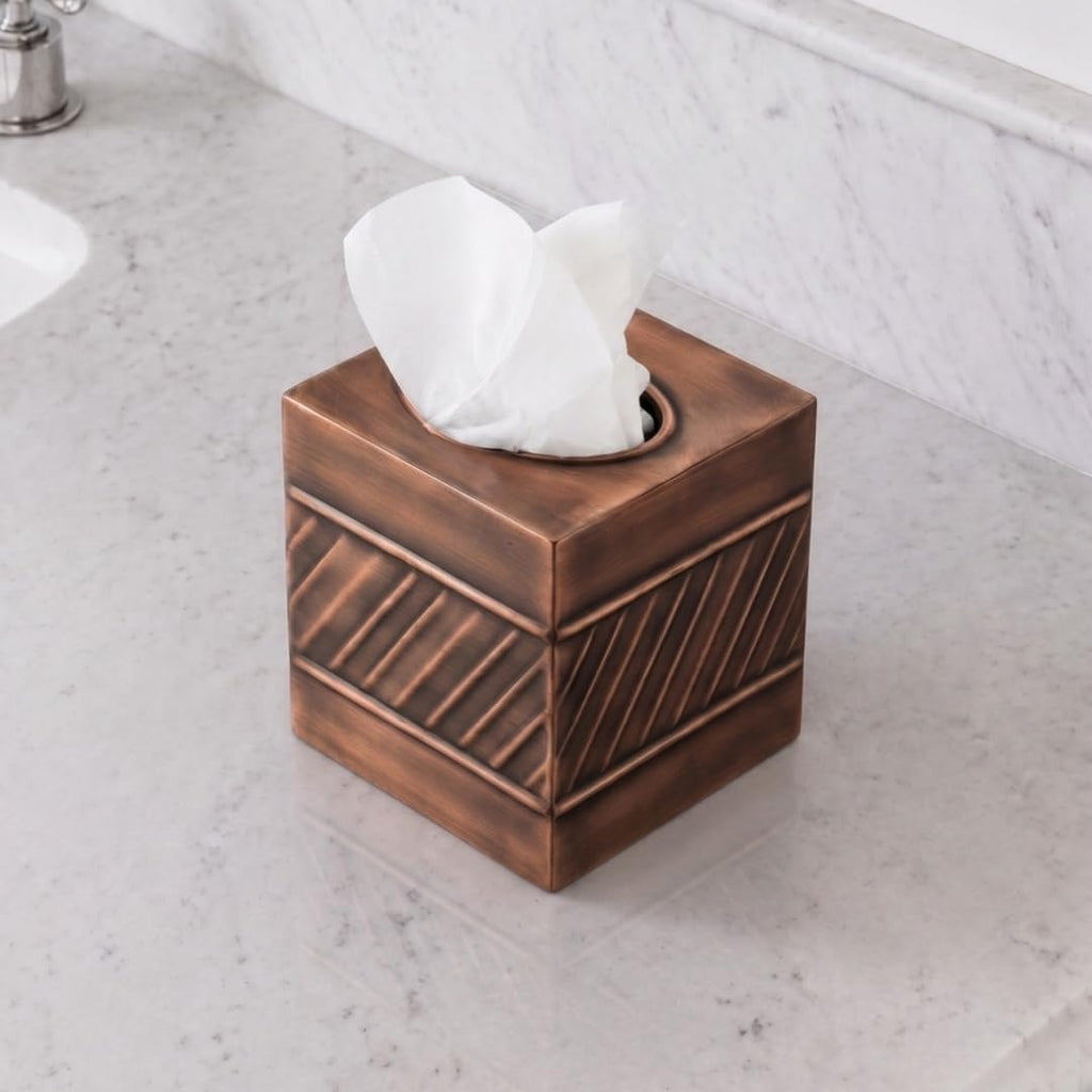 Monarch Abode Tissue Box Cover Square – Handcrafted Wave Embossed Antique Copper Metal Tissue Holder Box for Bathroom Accessory, Aesthetic Decorative Facial Napkin Cube for Modern Home Decor