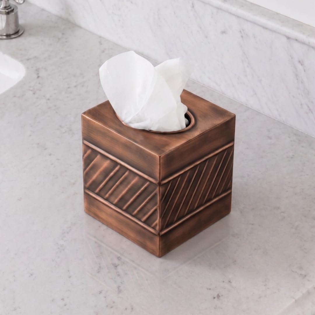 Monarch Abode Tissue Box Cover Square – Handcrafted Wave Embossed Antique Copper Metal Tissue Holder Box for Bathroom Accessory, Aesthetic Decorative Facial Napkin Cube for Modern Home Decor