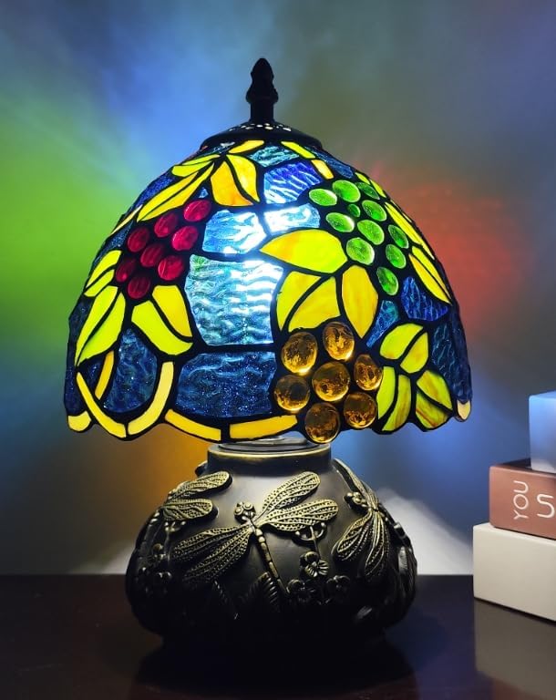 Tiffany Lamp Grapes Beads Stained Glass Style Bedside Reading Table Lamp Village Bedroom Nightstand Light 19inch Tall Office Home Decor Retro Unique Accent Light