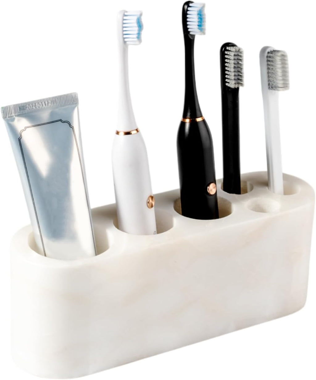 BCS Toothbrush Holder for Bathrooms, 6 Slots Open-Bottom Marble Toothbrush and Toothpaste Holder Stand Bathroom Organizer Countertop for Electric Toothbrush, Floss, Razor, Comb - Karibib Ice