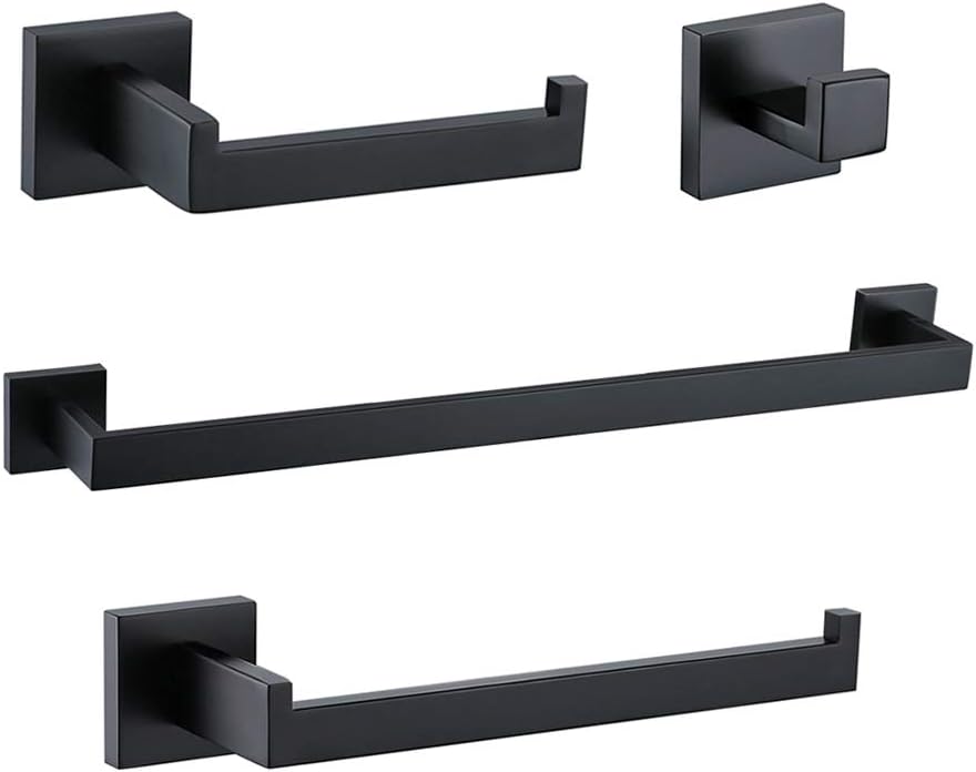 TURS 4-Piece Bathroom Hardware Set Black Towel Bar Set Stainless Steel Towel Bar Hand Towel Holder Toilet Paper Holder Towel Hooks Wall Mount