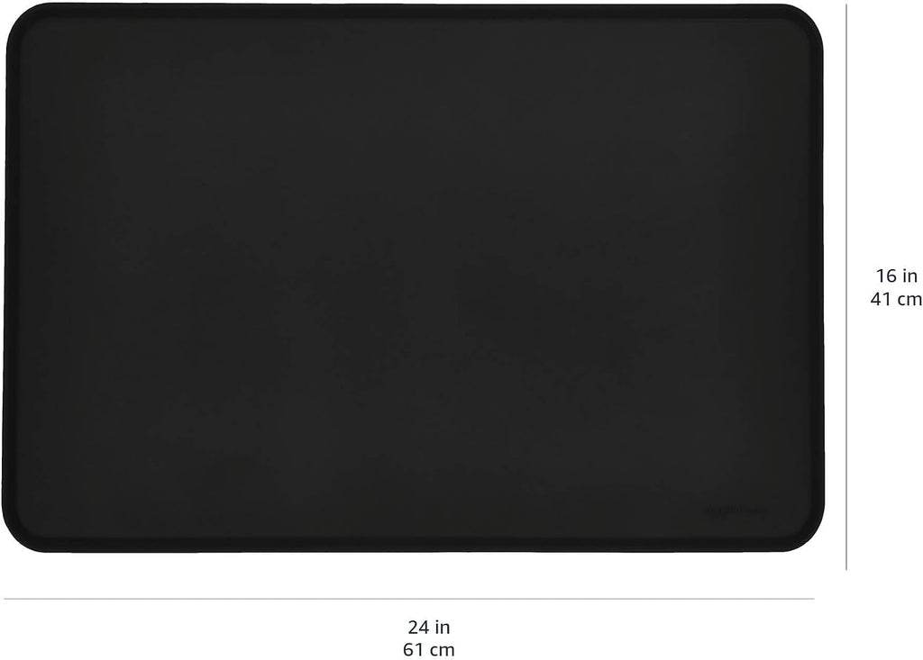 Amazon Basics Waterproof Non-Slip Silicone Pet Feeding Mat with Raised Edges, Prevents Spills, Easy to Clean, Protects Floors for Cat & Dog Food and Water Bowls, 24 x 16 Inches, Black