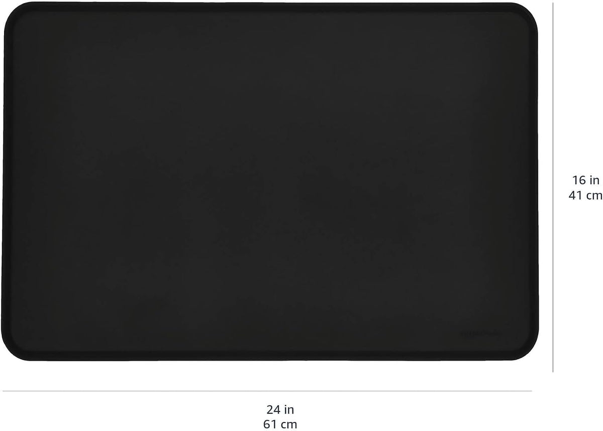 Amazon Basics Waterproof Non-Slip Silicone Pet Feeding Mat with Raised Edges, Prevents Spills, Easy to Clean, Protects Floors for Cat & Dog Food and Water Bowls, 24 x 16 Inches, Black