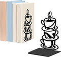 WADORN 1 Pair Coffee Cup & Saucer Metal Decorative Bookend for Shelves, Heavy Duty Book Ends Modern Non-Skid Books Holder Stand Black Book Support Stoppers for Office Desk Bookshelf, 5.3x4.3x7.8 Inch