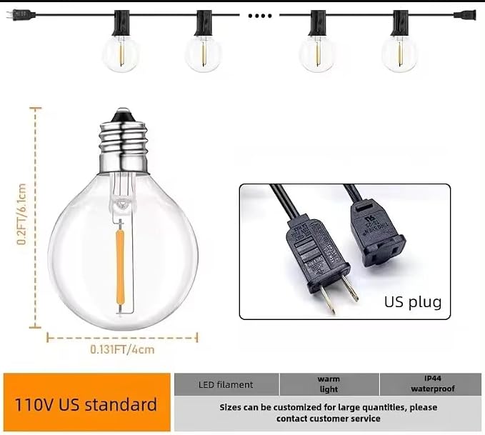 Outdoor String Light 50FT Patio Black with 52 Shatterproof G40 LED Clear Globe Bulbs for Indoor/Outdoor, Connectable Hanging Lights for Backyard Balcony Party Decor