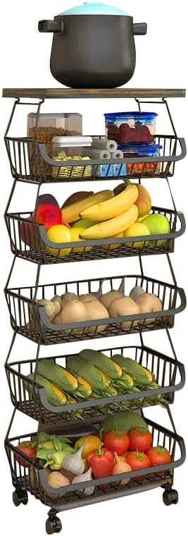 Metal Wire Baskets with Wheels, Kitchen Organizer, 6 Tier Stackable Storage Containers, Fruit and Vegetable Trolley, Dish Rack for Bathroom, Garage and Pantry