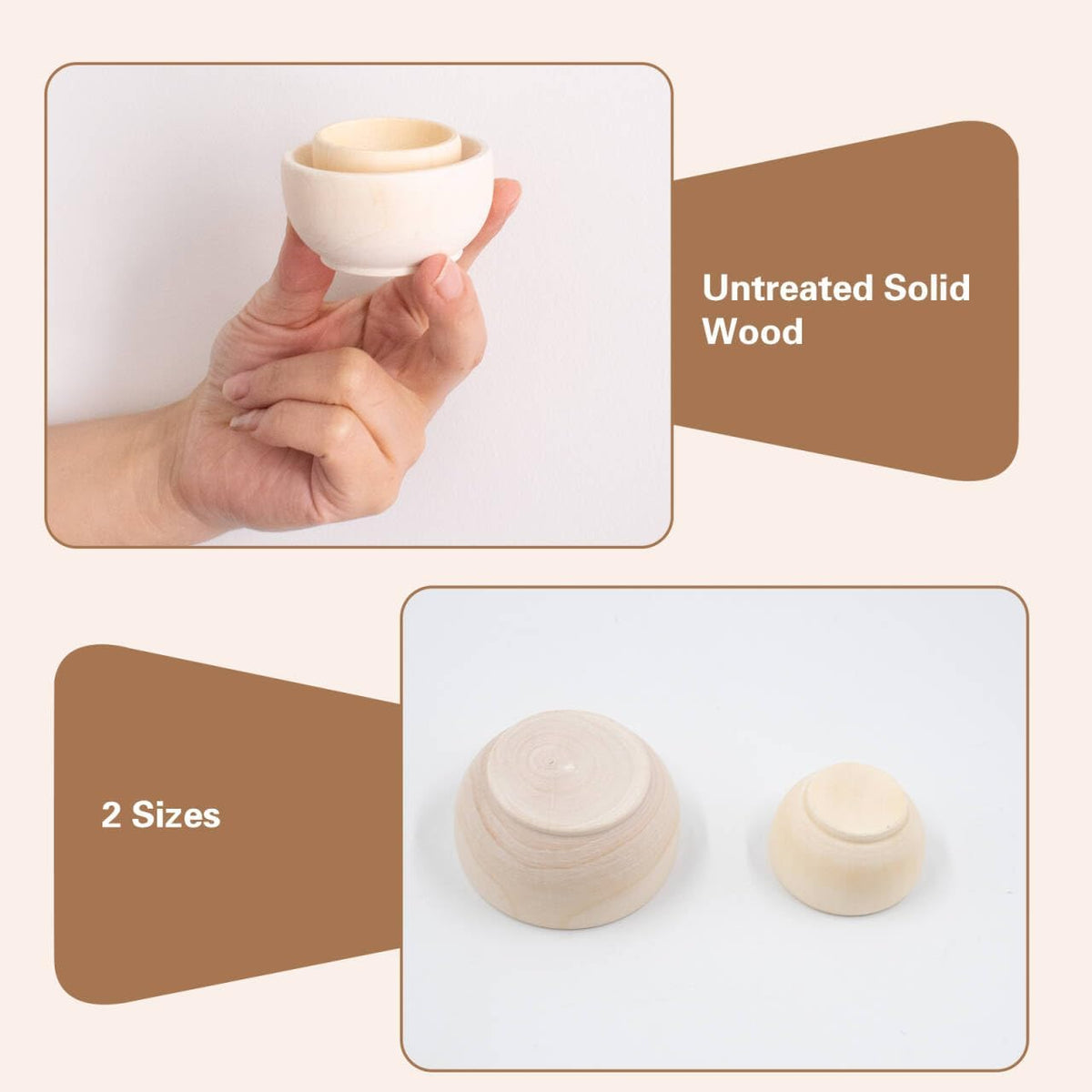 16 PCS Wooden Pinch Bowls, 2 Size Mini Unfinished Bowl, Round Condiment Container, for DIY Crafts, Painting, Sorting, Dips Sauce, Nuts, Spice, Candy (1.2'' x 2.2'', 1'' x 1.6'')