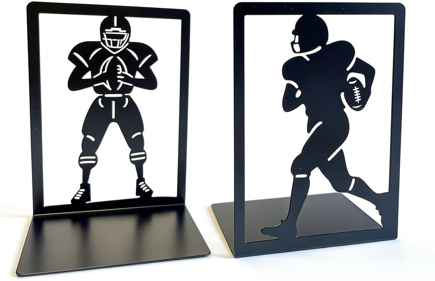 Metal Decorative Bookends Set, Spider Web & Football Player Silhouette, Sturdy Non-Slip Book Holders for Shelves, Black (Sports Football - 1 Pair (2 Pcs))