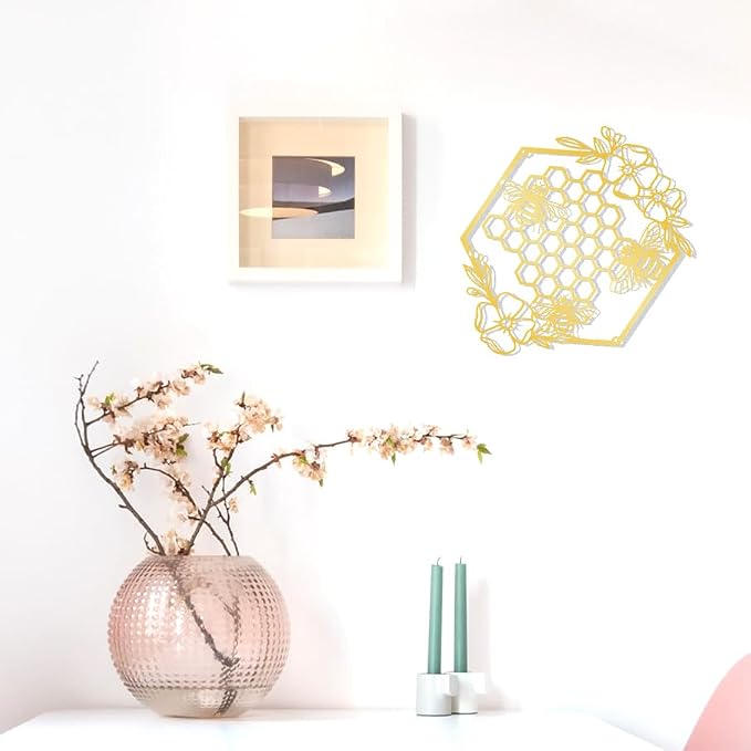 Yuzhuo Metal Bee Wall Art - Farmhouse Honey Bees and Hives with Flowers - Gold, Small