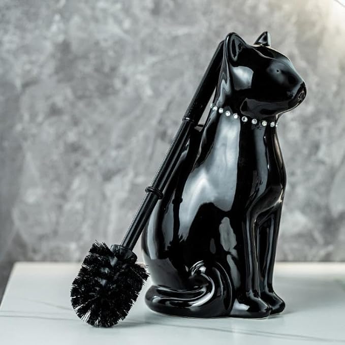 Comeon Ceramic Cat Toilet Brush and Holder Set, Plastic Handle, Black