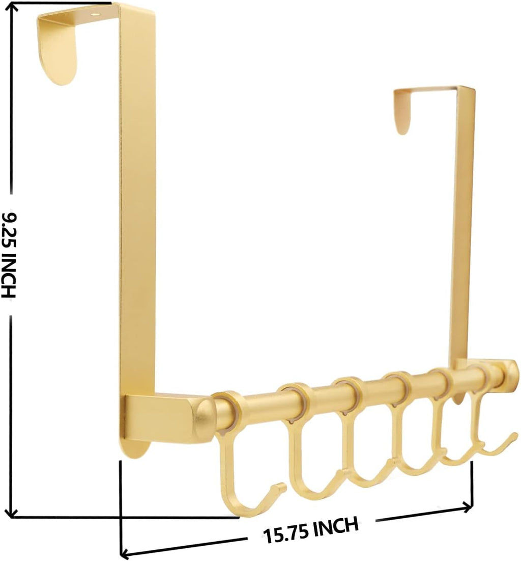 Over The Door Hooks Door Hanger, Moving 6-Hooks Over Door Coat Rack for Hanging, Aluminum Heavy Duty Door Organizer for Towel Robe Hat Bag, Behind Back of Door Bathroom (Gold)