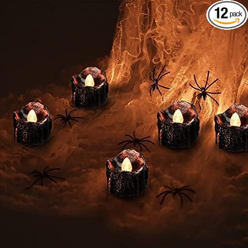 eLander Halloween Decorations Candles Tea Lights, Battery Operated, Flickering Flameless [12 Pack ¨C Amber Yellow]