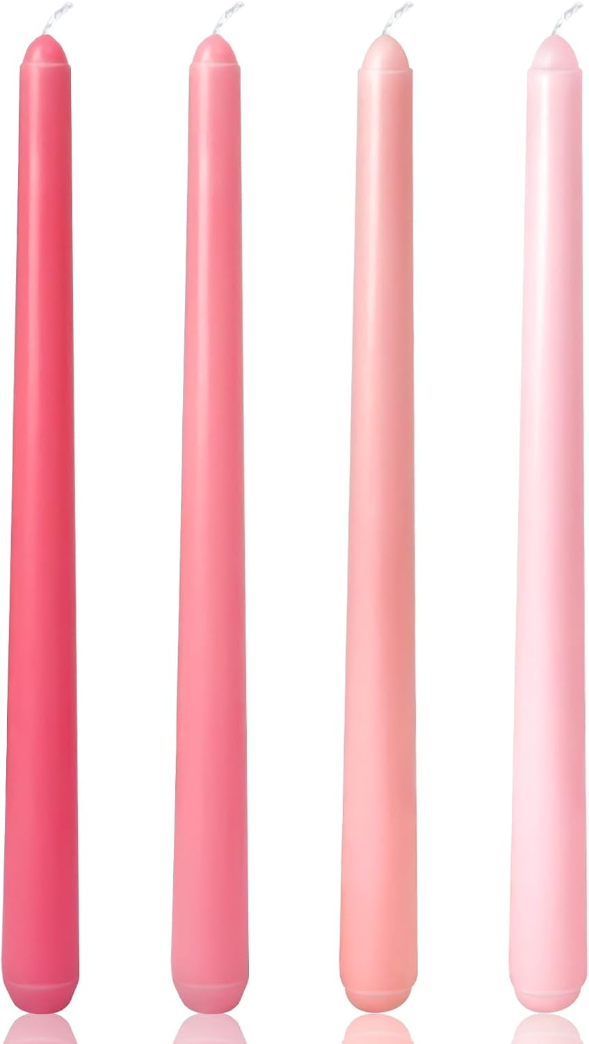 10 Inch Gradient-Pink Taper Candles, 4 Packs Unscented Candlesticks for Dinner, Wedding, Valentine’s Day and Home Decoration, Dripless and Smokeless, 8-10 Hours Burn