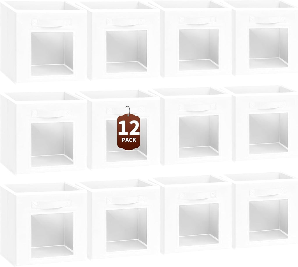 Homsorout Storage Cube 11 Inch - Cube Storage Bins with Window, Closet Storage Baskets with Handle, Fabric Bins for Closet, Shelves, Toys, Clothes, Set of 12, White