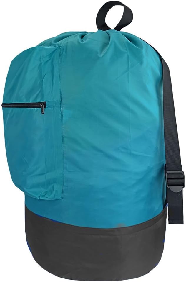 Washable Laundry Bag Backpack with Zipper Pocket, Heavy Duty Clothes Bag, 2 Strong Adjustable Shoulder Straps with Drawstring Closure for Travel, Camping or College, Blue Aqua