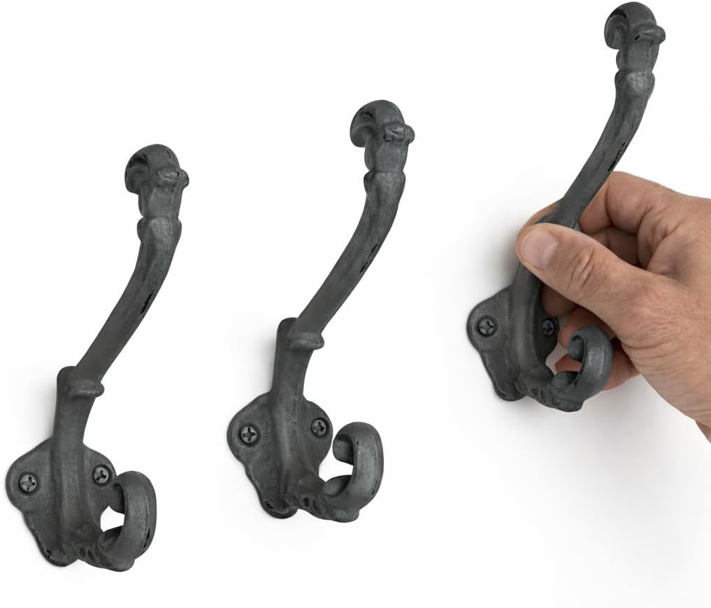 The Metal Magician Wall Mounted Antique Cast Iron Vintage Style Wall Hooks for Coats, Bags, Towels, Hats - (Set of 3) Black